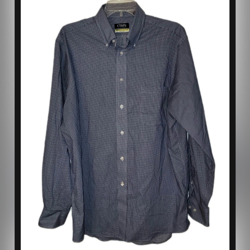 Men's Chaps Blue Gingham Comfort Stretch Size 16.5 Long Sleeve 34/35
